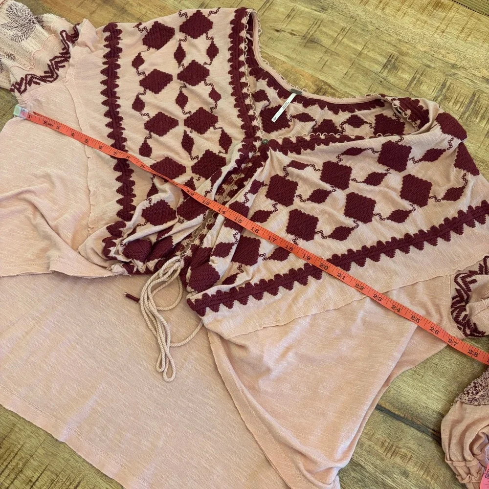Free People Hometown Tie Front Sweater Top S Embroidered Boho Peasant Oversized